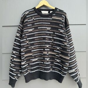 Vintage Grandpa Style Black/Gray/Brown Knit Sweater - Wool mix - L